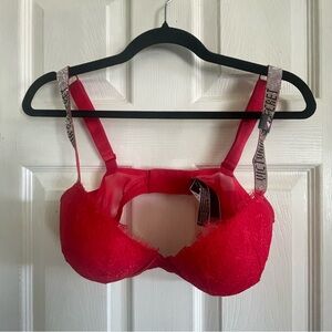 Victoria’s Secret Bombshell Add-2-Cups Red Lace Shine Strap Push-Up Bra 34D NWT
